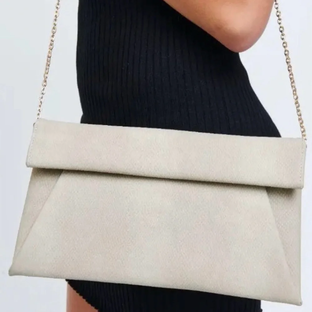 Elegant Tan Clutch with Gold Chain